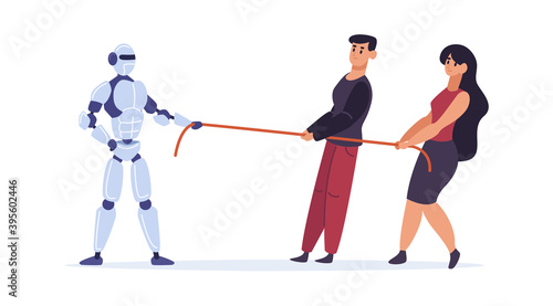 Artificial intelligence winning in strength and endurance people. Humans and robots having competition. Machine is stronger than man and woman. Futuristic rivalry, tug of war vector illustration