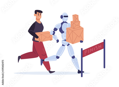 Competition with automation technology. Man and robot running to finish with parcels. Guy and artificial intelligence holding carton boxes. Machine winning marathon vector illustration