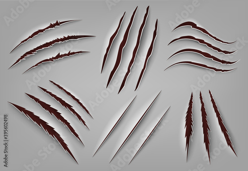 Realistic animal claw scratch. Wild animal or monster ripped rough holes, beast claws scratch mark. Claws scratches vector illustrations. Frightening laceration or damage on paper or texture