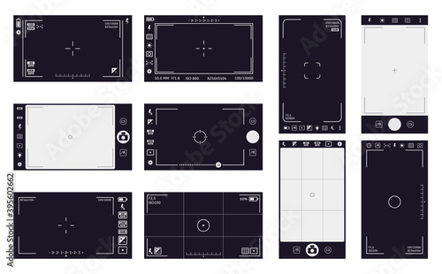 Camera viewfinder frames. Camcorder interface, cam screen with recording time and video quality. Camera digital interface vector illustrations. Flash, hdr, battery, stabilization ui icons