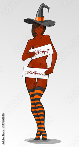 Beautiful slim naked black girl in a hat and socks with a banner sign saying Happy Halloween party