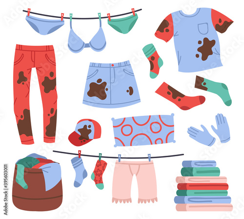 Dirty and clean laundry. Apparel in stains, dirty jeans and socks, clean clothing pile, hanging washed clothes. Laundry garments vector illustrations. Basket with things, drying rope with pins