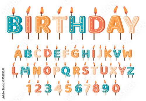 Candles birthday alphabet. Birthday candles ABC letters and numbers, cute alphabet for birthday cake. Birthday candles font vector symbols set. Decoration for cake on holiday celebration