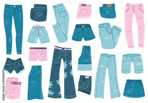 Jeans clothes. Denim trousers, shorts and skirt, blue jeans unisex apparel. Stylish casual denim garments vector illustration set. Trendy clothing, basic outfit objects for man and woman