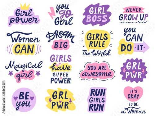 Girl power letterings. Motivational feminist quotes, hand drawn inspirational girl power lettering stickers. Feminist slogans vector illustrations. Never grow up, dream big, girls have super power