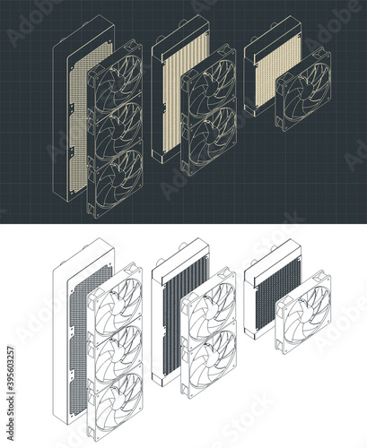 Water cooling radiators isometric blueprints Set
