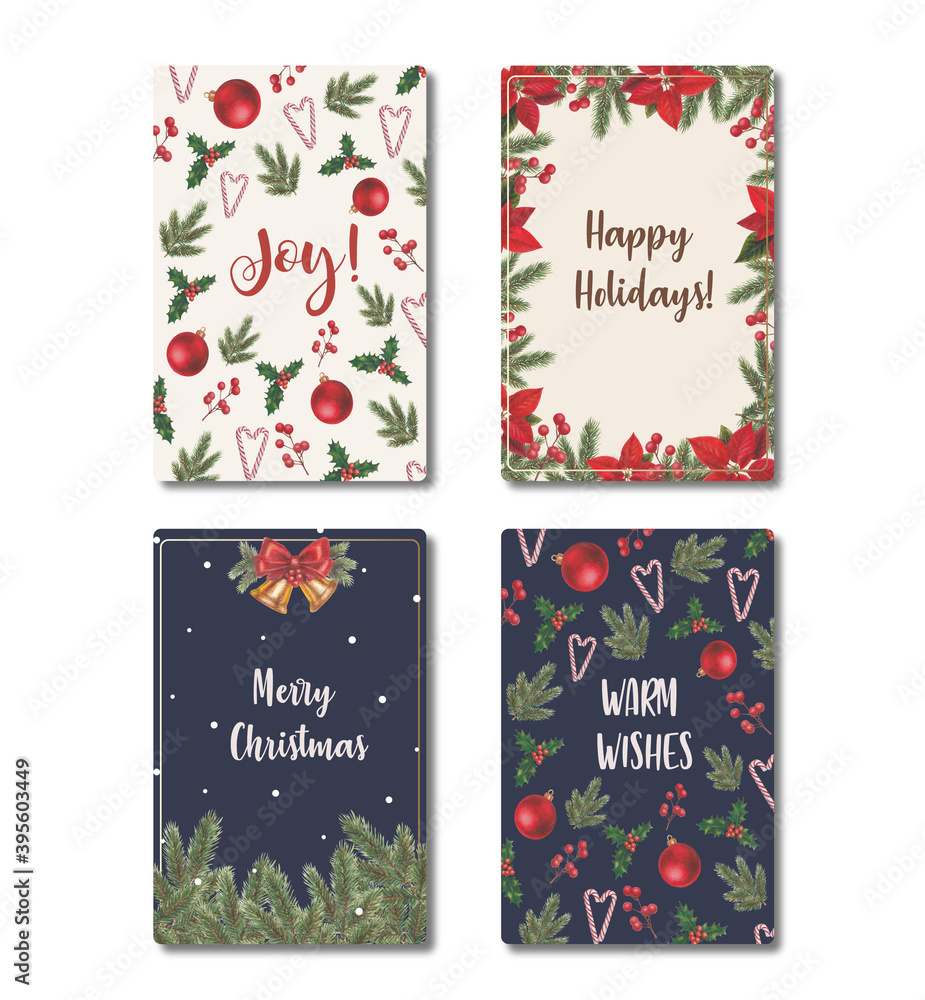 Naklejka premium Set of beautiful Christmas and New Year cards and tags. Greeting cards with poinsettia, caramel canes, bells and fir branches. Merry Christmas, Happy Holidays. Warm wishes. Joy!