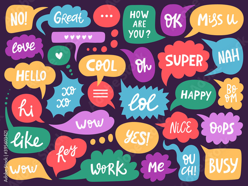 Doodle conversation clouds. Dialogue chat bubbles with small talk phrases, think or talk clouds. Hand drawn speech bubbles vector symbols set. Short messages for communication or discussion photo