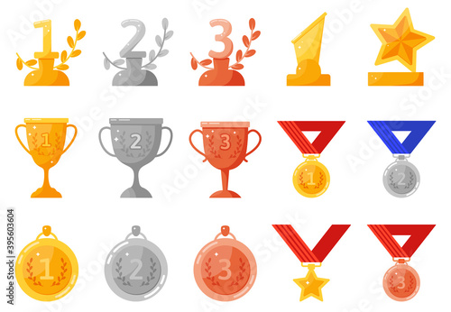 Trophy medals and cups. Gold, silver, bronze rewards, competition achievement, first, second, third place winning prize vector symbols set. Getting award in championship or competition