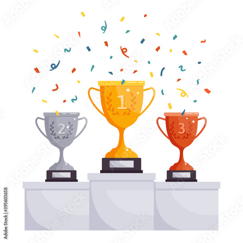 Winner podium cups. Gold, silver, bronze rewards, competition trophy cups, achievement award on pedestal. Victory celebration vector illustration. Award ceremony with falling confetti