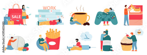 Bad habits. People addictions, alcoholism, smoking, shopping and overeating. Male and female characters addictions problems vector illustrations. Gambling, drug and coffee addicted person