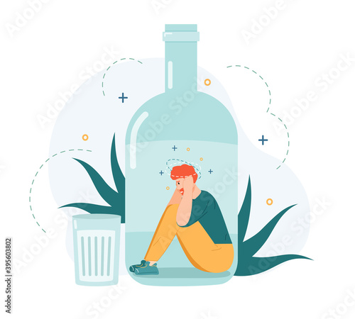 Alcohol addiction. Drunk man inside alcohol bottle, bad habit and unhealthy lifestyle, alcohol addicted frustrated person vector illustration. Young male character having depression