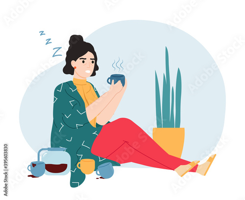 Caffeine addiction. Sleepy and tired woman with caffeine dependence, abnormal behaviour and unhealthy lifestyle concept vector illustration. Depressed girl holding cup with beverage