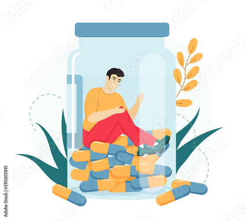 Medicine drug addiction. Depressed, sick male character inside drugs bottle, mental health trouble. Medications addiction vector illustration. Trapped person having psychological problem
