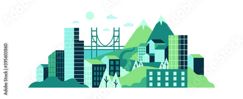 City landscape with high glass buildings, green hills and mountains. Modern city with wild nature, trees, lawns and contemporary urban skyscrapers, town background vector illustration