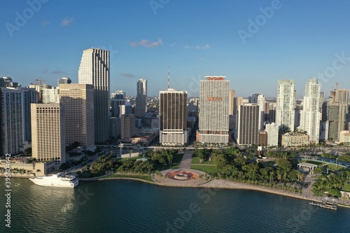 Miami, Florida - November 26, 2020 - Aerial view of City of Miami and Bayfront Park on sunny autumn morning.
