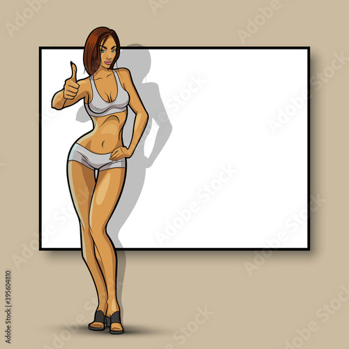 Slim girl on the background of an empty banner. Sexy woman in front of school board. Elegant lady on the background of pure advertising poster