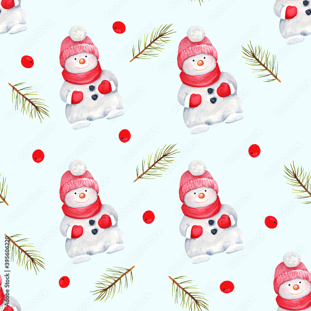 Watercollor pattern with snowman and spruce Watercollor pattern with snowman and spruce