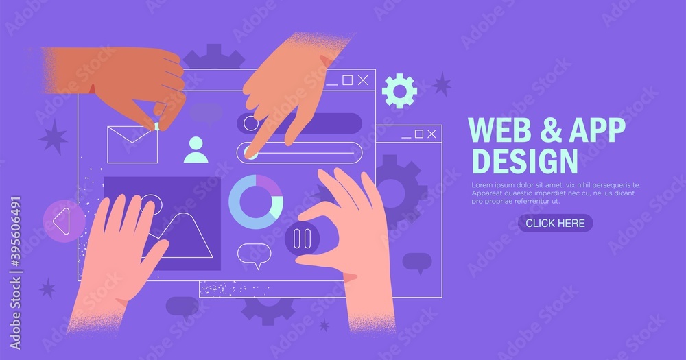 Hands are working on website or application, ui ux design and programming. Team of designers doing research and prototyping. Web studio or mobile application concept for banner, ads, landing page. - obrazy, fototapety, plakaty 