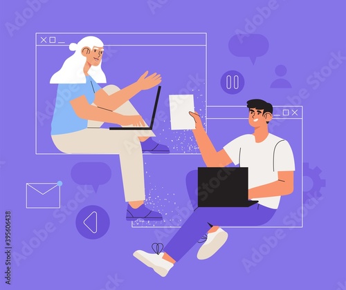 Creative business team, freelancers or partners work online using video call application or zoom. Distant working process or work at home concept. Trendy business characters discuss or meet online.