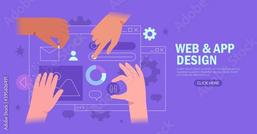 Hands are working on website or application, ui ux design and programming. Team of designers doing research and prototyping. Web studio or mobile application concept for banner, ads, landing page. photo