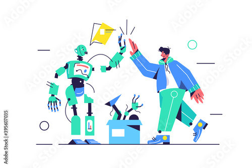 Guy and electro robot give 5 to each other, box with spare parts, high five, isolated on white background, flat vector illustration