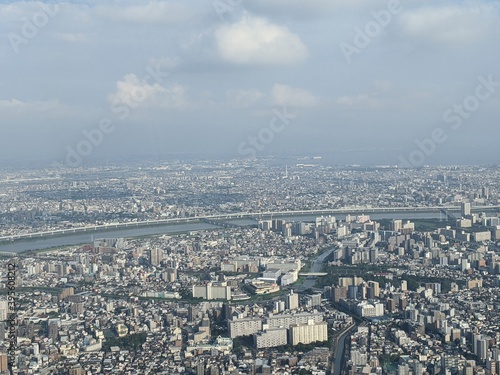 東京スカイツリーから眺める荒川、墨田区江戸川区上空