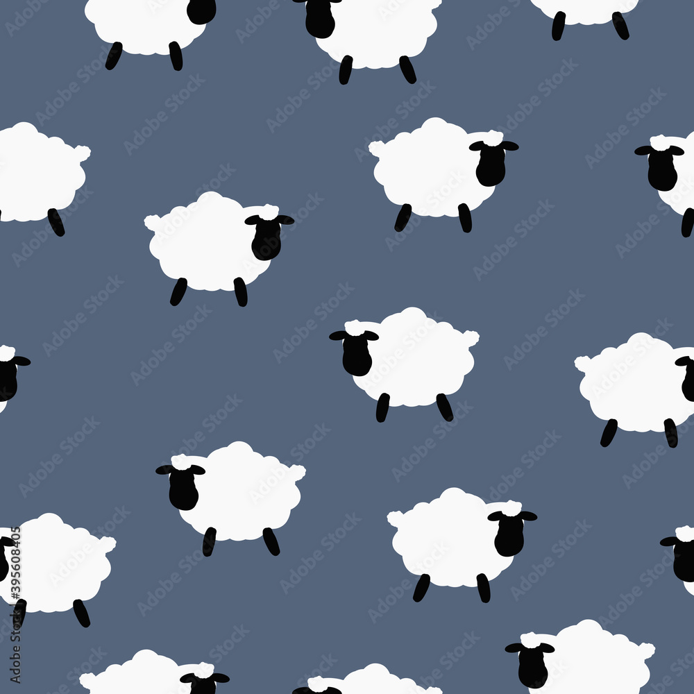 Simple pattern of sheep. Grey blue background, cute white sheep. The print is well suited for textiles, banner and Wallpaper. Simple pattern of sheep. Grey blue background, cute white sheep. The print is well suited for textiles, banner and Wallpaper.