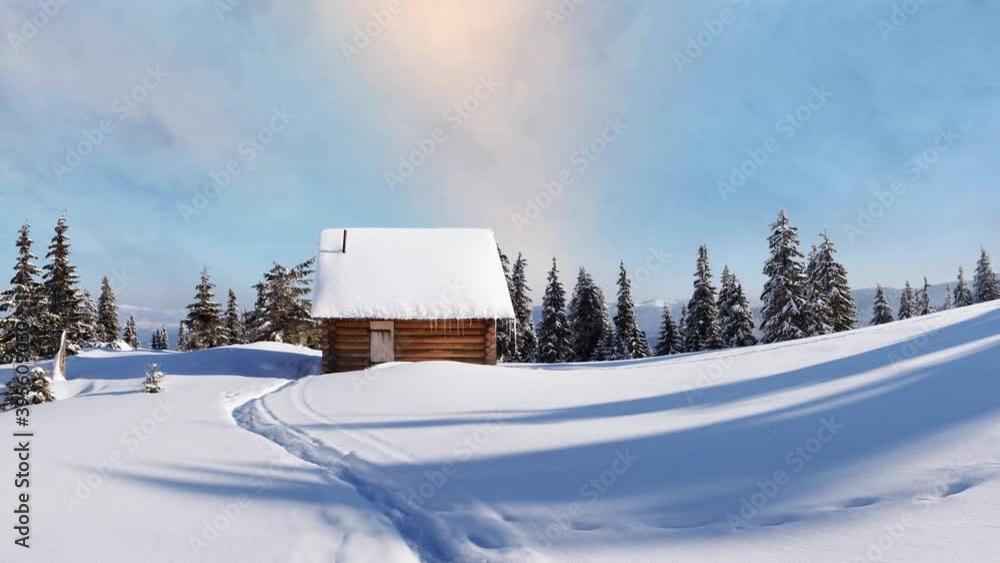 Fantastic winter landscape with wooden house in snowy mountains. Christmas holiday and winter vacations concept. Timelapse video Fantastic winter landscape with wooden house in snowy mountains. Christmas holiday and winter vacations concept. Timelapse video