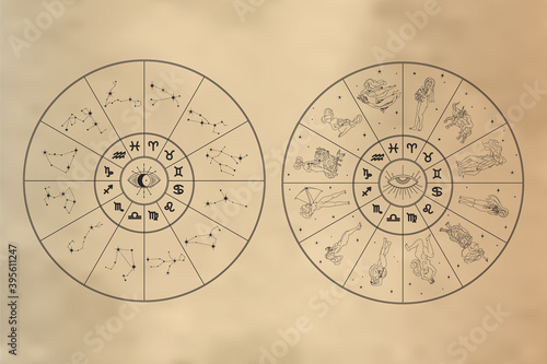 Zodiac wheels set. Circles with zodiac signs as girls, glyphs, constellations. Astrological concept in outline style isolated on gradient background. Vintage vector illustration for logo, print,tattoo