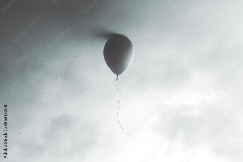 illustration of balloon flying at the end of the sky, surreal minimal concept - obrazy, fototapety, plakaty 