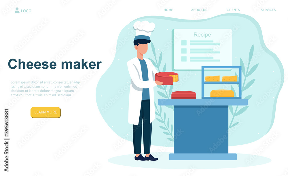 Male character making cheese. Professional chef in white uniform holding a cheese slice. Cheese production. Website, web page, landing page template. Flat cartoon vector illustration
