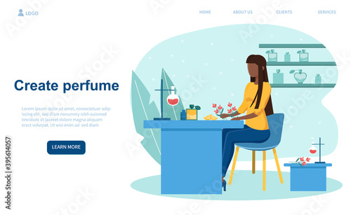 Woman creating new perfume. Female character sitting at table, mixing ingredients for new scent. Perfumer working at gorgeous fragrance. Website, web page, landing page template. Vector illustration