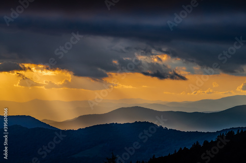 Dramatic sunset of the sharp ridges of the Blue ridge mountains