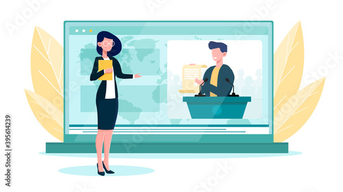 Diplomatic news online service or platform. Concept of international relations and government. Country worldwide representation. Flat cartoon vector illustration