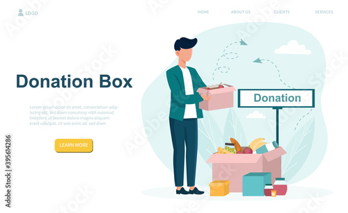 Man filling cardboard donation box with food. Concept of social care helping and supporting poor people in shelter with food and other. Website, web page, landing page template. Vector illustration