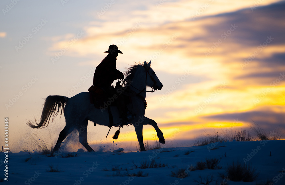 Naklejka premium horse and rider cowboy silhouette at sunset western rider in western tack against red orange sky