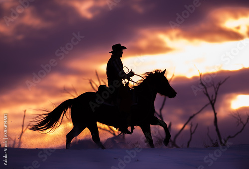 horse and rider cowboy silhouette at sunset western rider in western tack against red orange sky © Shawn Hamilton CLiX 