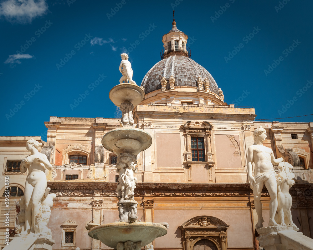 Sculpture and fountain in Palermo in Sicily, Italy.