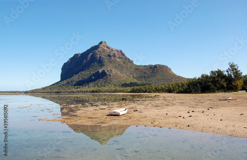 View of Le Morne Brabant mountain at low tide