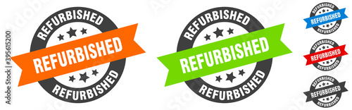refurbished stamp. refurbished round ribbon sticker. tag