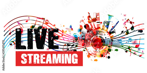 Colorful music promotional poster background with musical notes and instruments isolated vector illustration. Live streaming banner for music festivals, shows and concert events