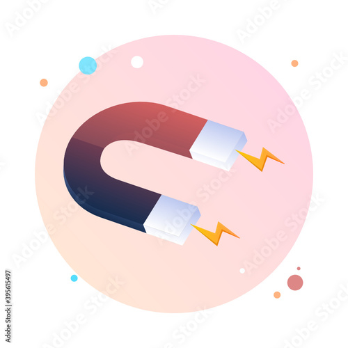 Magnet with magnetic power, magnetism concept, source of magnetize, attracting profit and money symbol vector in circle icon. Flat design. Vector illustration of magnet gravitation concept.