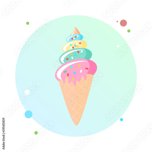 Vector illustration of ice cream cone in circle icon. Ice cream cone flat style in round shaped icon. Ice cream design for poster. Sweet dessert pastry.