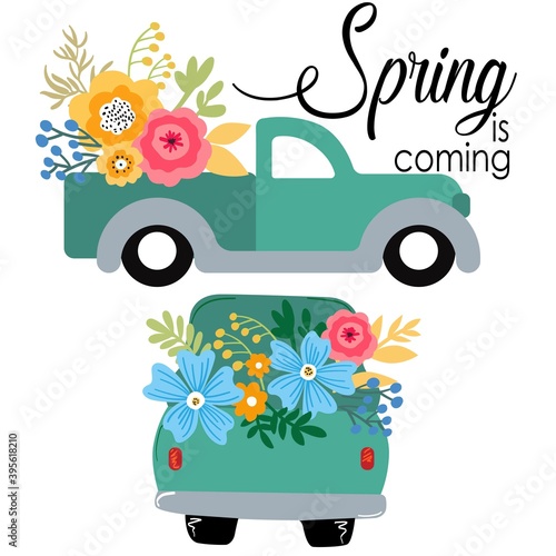 Print Art Vector illustration. Cute truck car with flowers.	