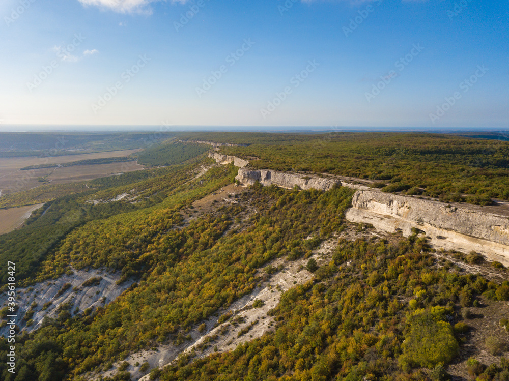 Aerial view to beautiful mountain landscape near the cave city Eski-Kermen, Crimea Aerial view to beautiful mountain landscape near the cave city Eski-Kermen, Crimea