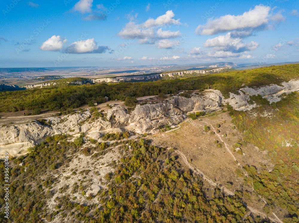 Aerial view to beautiful mountain landscape near the cave city Eski-Kermen, Crimea