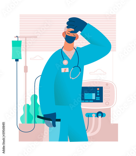Tired overworked doctor or nurse. Exhausted Healthcare worker. Coronavirus pandemic, Covid-19 quarantine. Flat cartoon vector illustration.