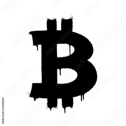 Sprayed bitcoin icon with overspray in black over white. Graffiti vector illustration.