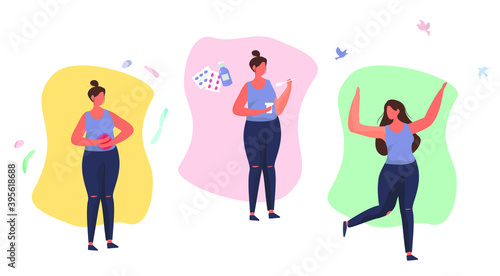 Health Benefits of Taking Probiotics.Woman has a Stomach Ache.
Dysbacteriosis or Diarrhea of Colon.Probiotic Therapy.Girl Drinking Yogurt with Probiotics with Lactobacillus.Flat Vector Illustration